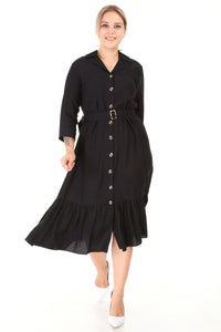 Women's Oversize 3/4 Sleeves Shirred Hem Belted Black Dress