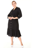 Women's Oversize 3/4 Sleeves Shirred Hem Belted Black Dress