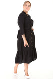 Women's Oversize 3/4 Sleeves Shirred Hem Belted Black Dress