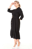 Women's Oversize 3/4 Sleeves Shirred Hem Belted Black Dress