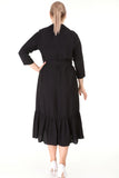 Women's Oversize 3/4 Sleeves Shirred Hem Belted Black Dress