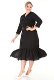 Women's Oversize 3/4 Sleeves Shirred Hem Belted Black Dress