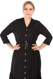 Women's Oversize 3/4 Sleeves Shirred Hem Belted Black Dress