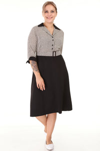 Women's Oversize Belted Three-Quarter Sleeves Black Office Dress