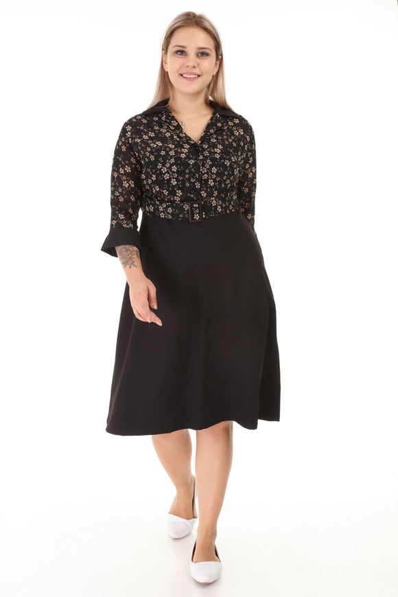 Women's Oversize Belted Three-Quarter Sleeves Black Office Dress