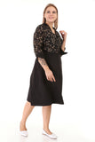 Women's Oversize Belted Three-Quarter Sleeves Black Office Dress