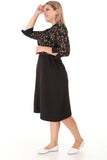 Women's Oversize Belted Three-Quarter Sleeves Black Office Dress