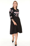 Women's Oversize Belted Three-Quarter Sleeves Black Office Dress