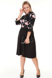 Women's Oversize Belted Three-Quarter Sleeves Black Office Dress