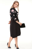 Women's Oversize Belted Three-Quarter Sleeves Black Office Dress