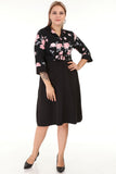 Women's Oversize Belted Three-Quarter Sleeves Black Office Dress