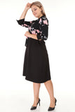 Women's Oversize Belted Three-Quarter Sleeves Black Office Dress