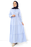 Women's Elastic Sleeve Pleated Baby Blue Modest Long Dress