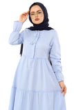 Women's Elastic Sleeve Pleated Baby Blue Modest Long Dress