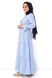 Women's Elastic Sleeve Pleated Baby Blue Modest Long Dress