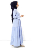 Women's Elastic Sleeve Pleated Baby Blue Modest Long Dress